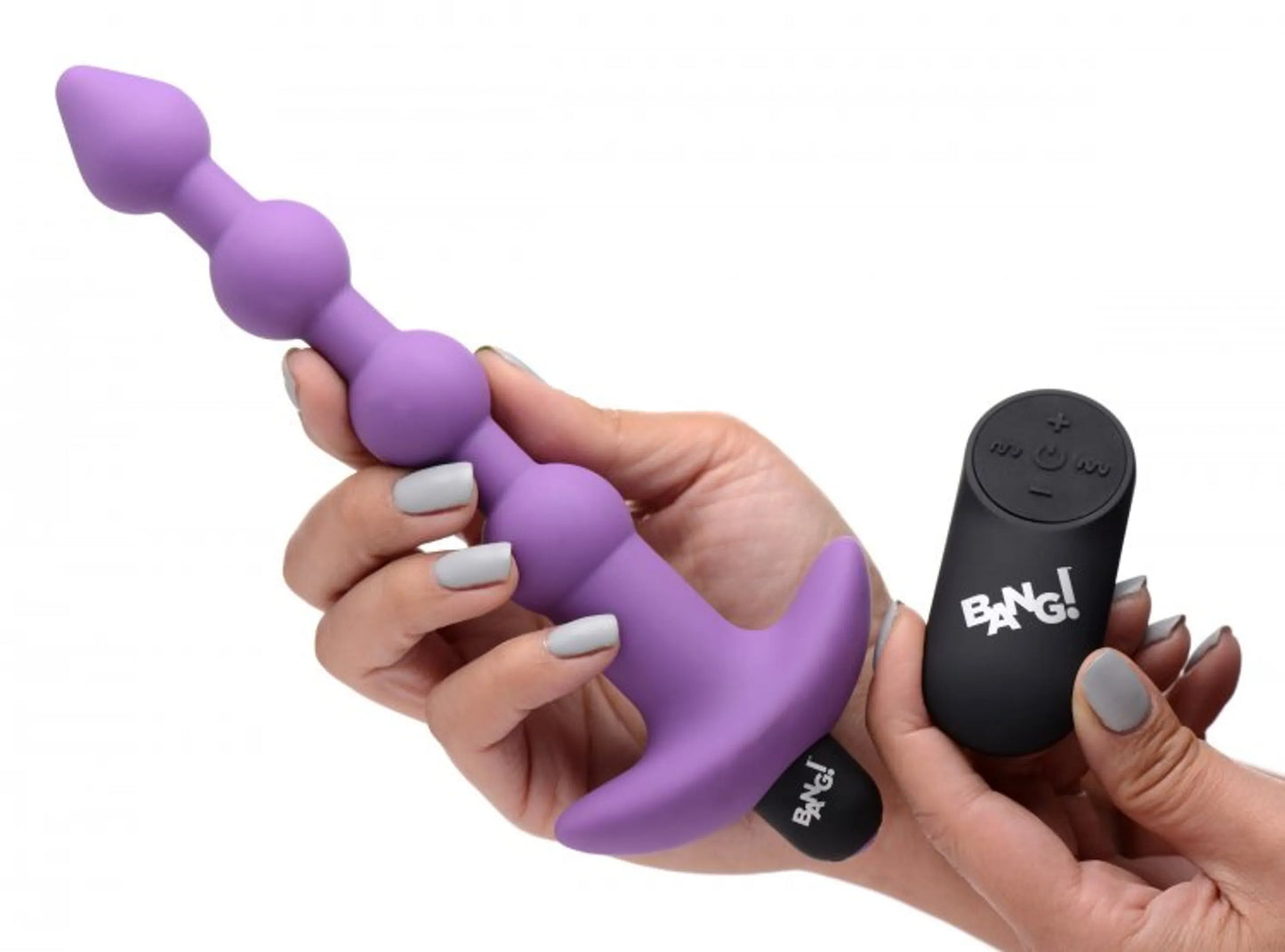 Bang! Vibrating Silicone Anal Beads with remote in purple by XR Brands, additional angle view