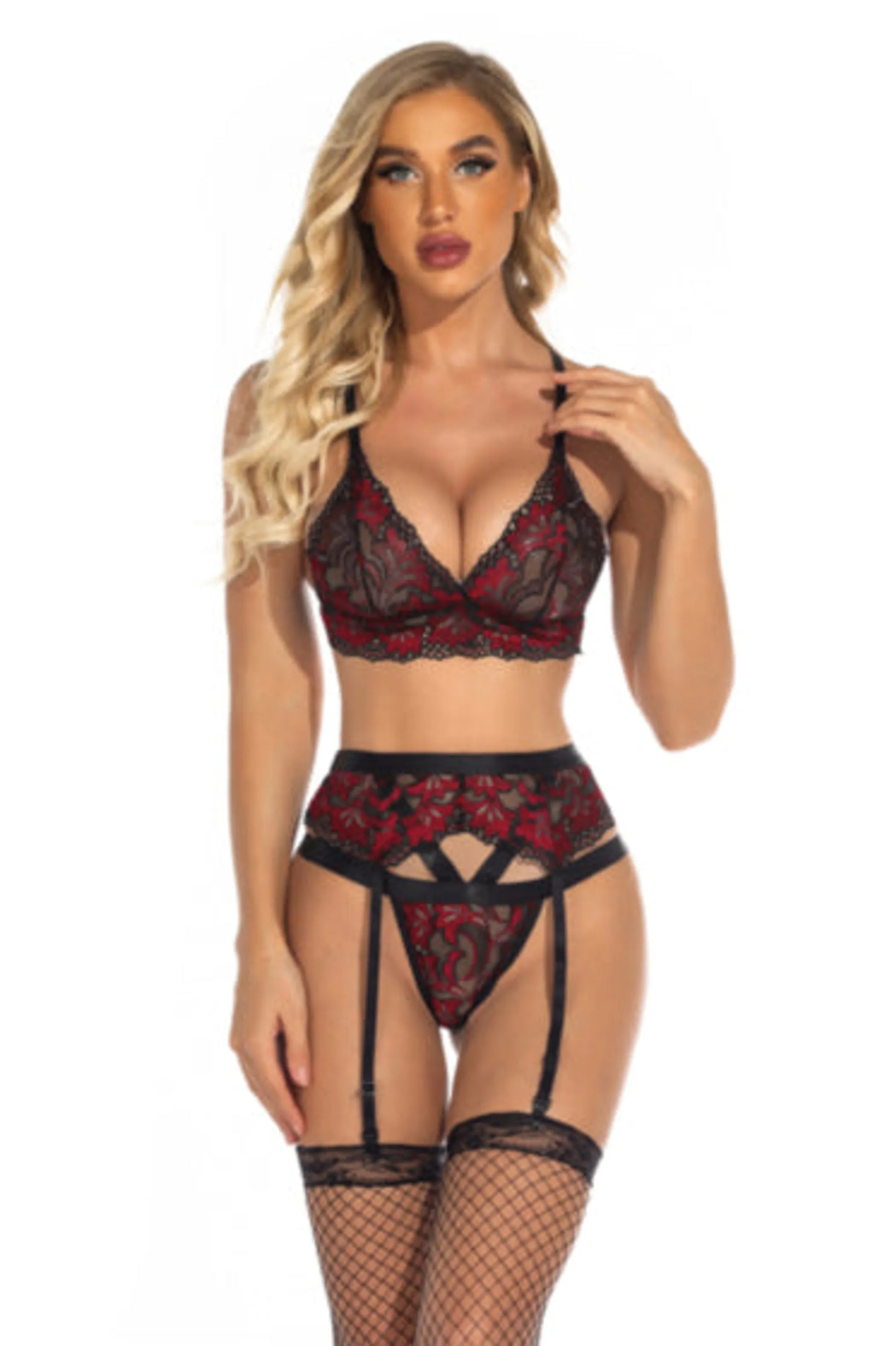 La Belle Fantastique lovely lace low-cut lingerie 3-piece set, product photo