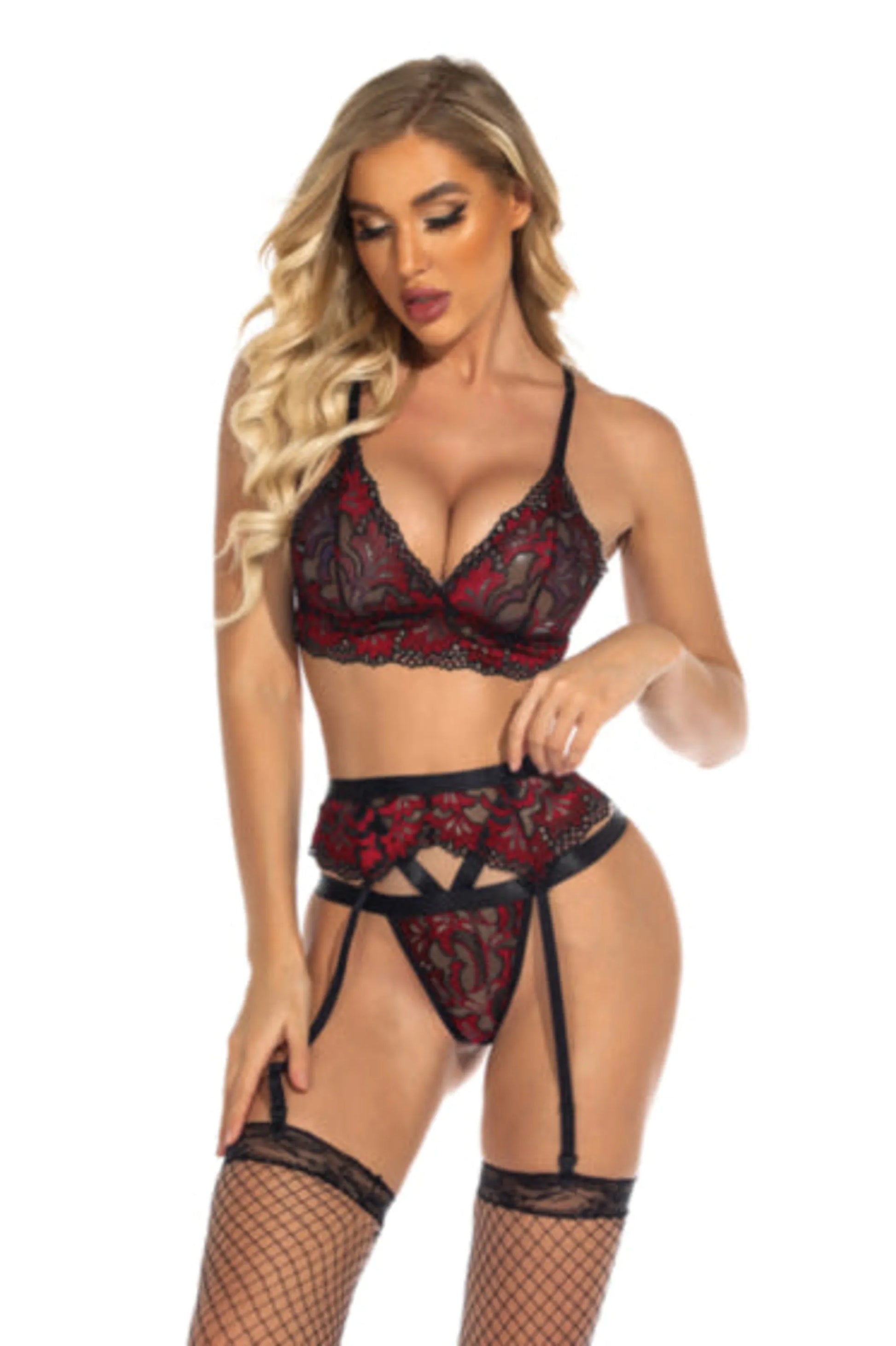 La Belle Fantastique lovely lace low-cut lingerie 3-piece set, product photo