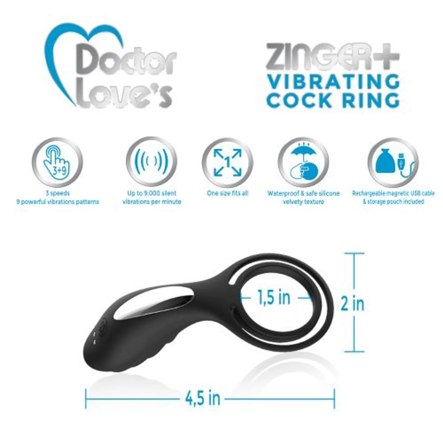 Doctor Love Zinger+ vibrating rechargeable cock ring in black, product photo