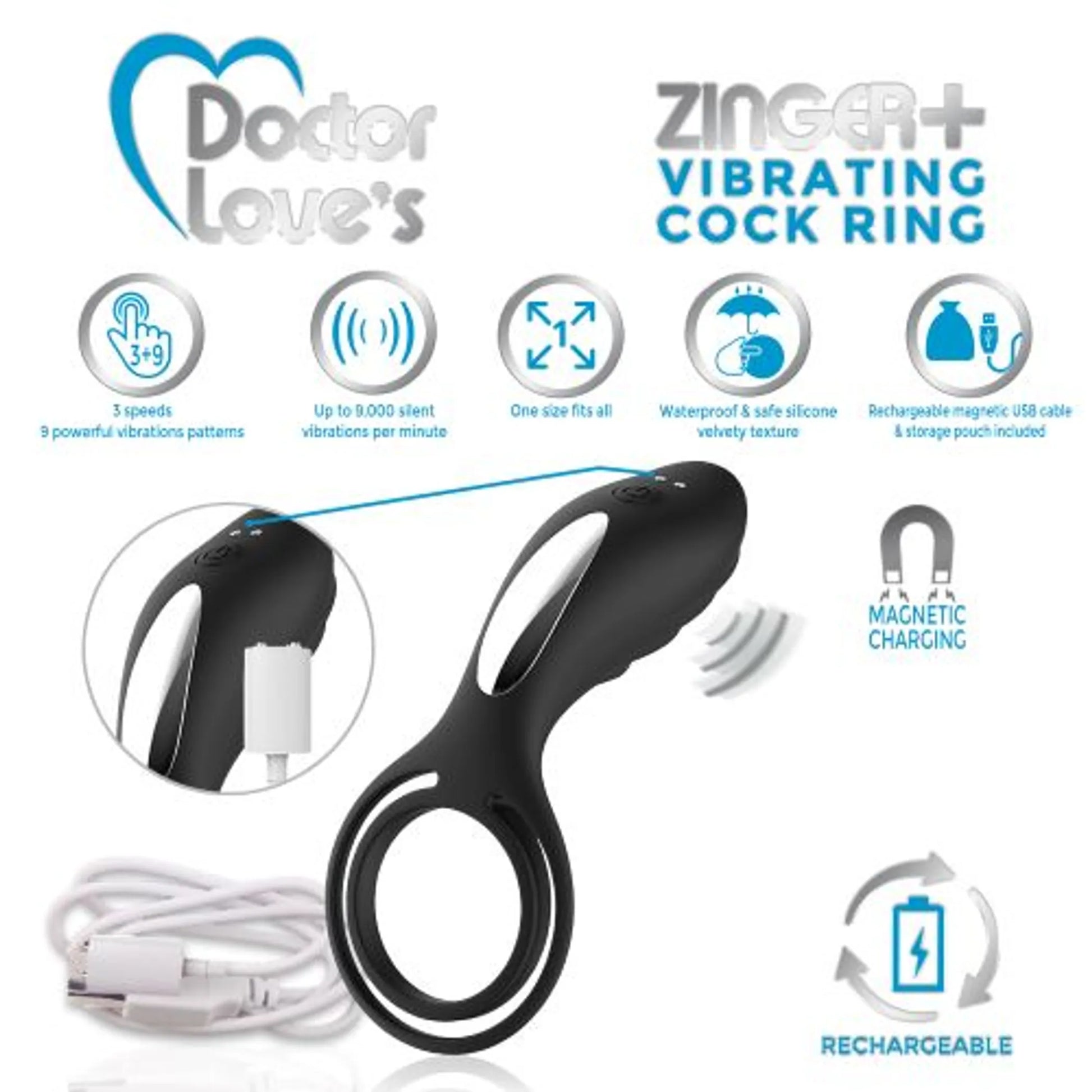 Doctor Love Zinger+ vibrating rechargeable cock ring in black, product photo
