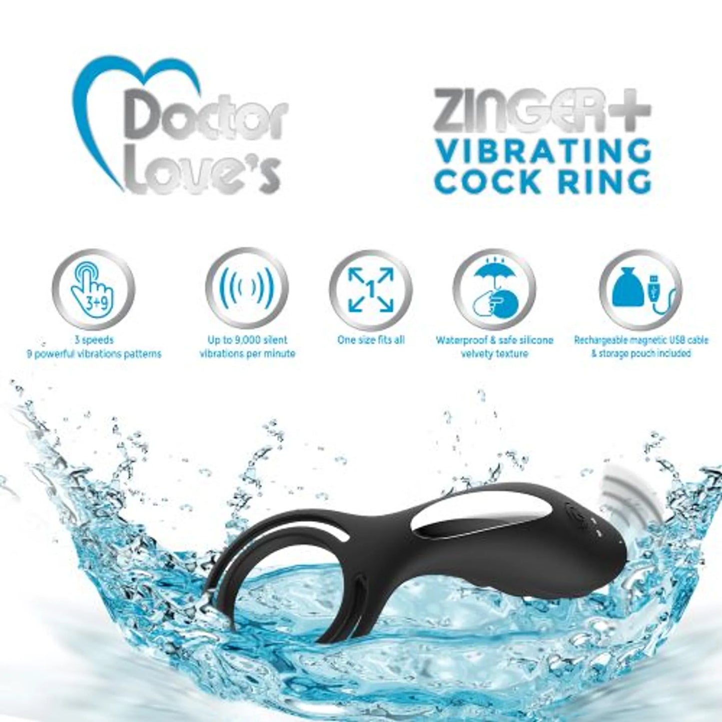 Doctor Love Zinger+ vibrating rechargeable cock ring in black, product photo