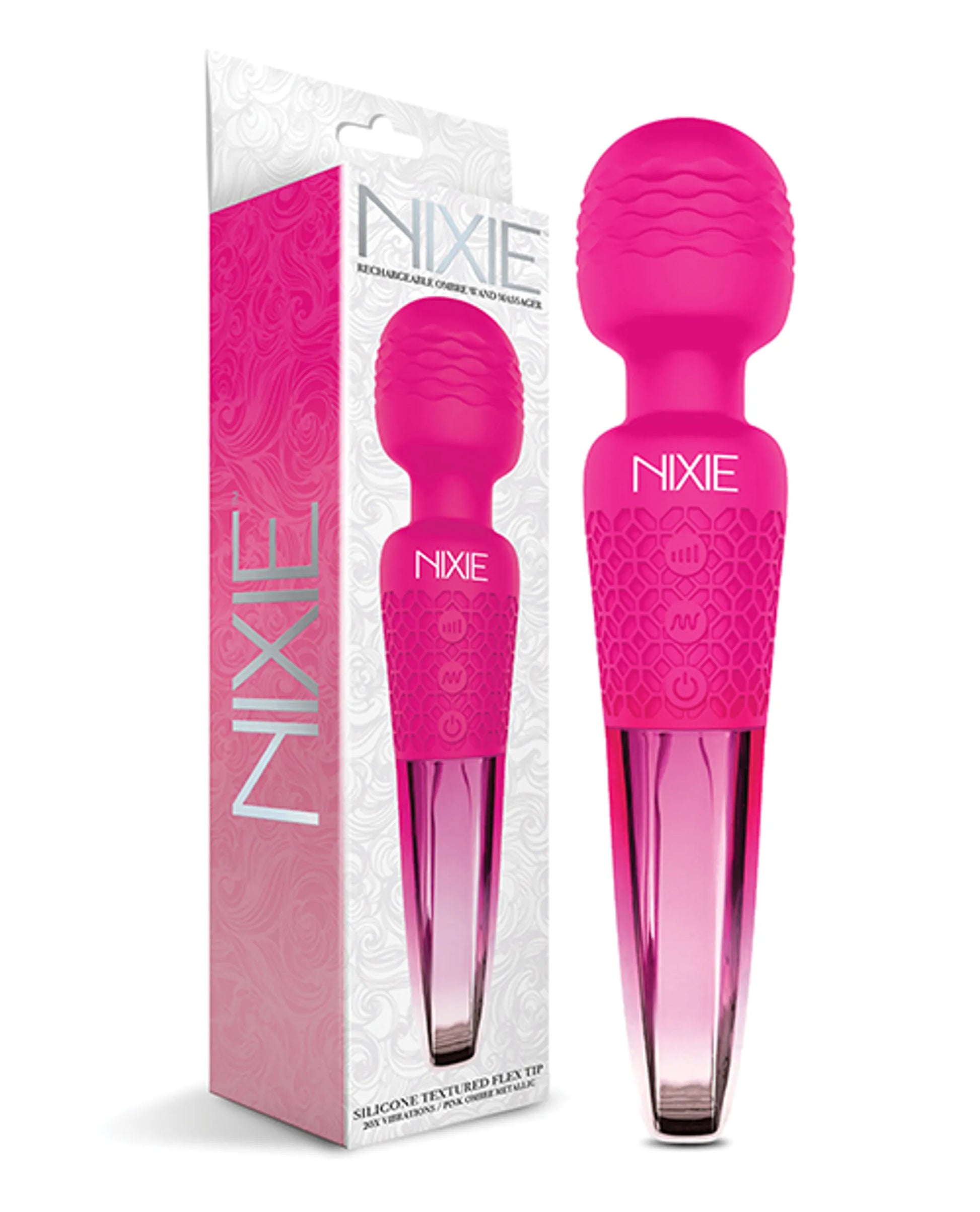 Nixie Wand Massager in pink ombre metallic by Global Novelties, close-up detail view