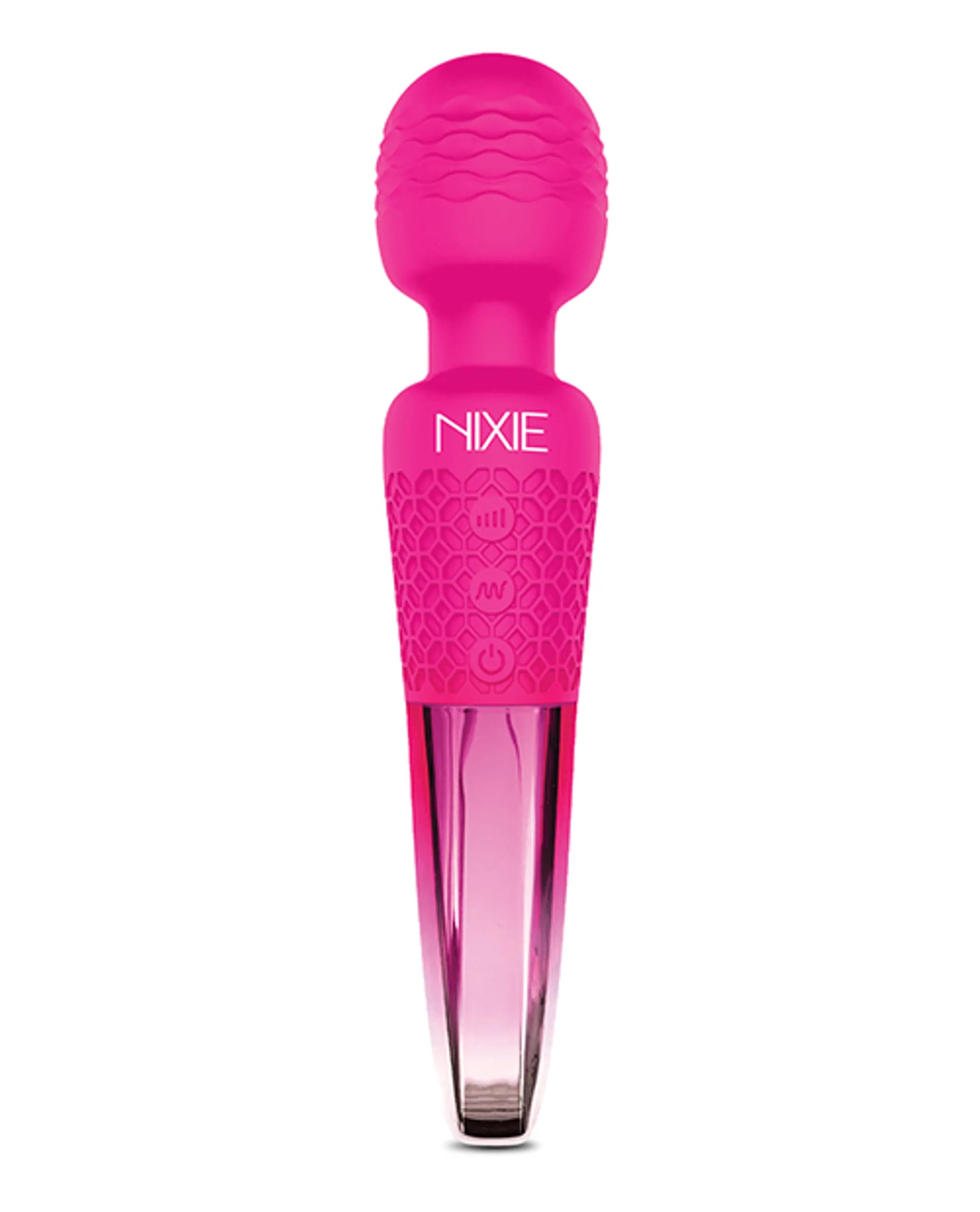 Nixie Wand Massager in pink ombre metallic by Global Novelties, retail packaging