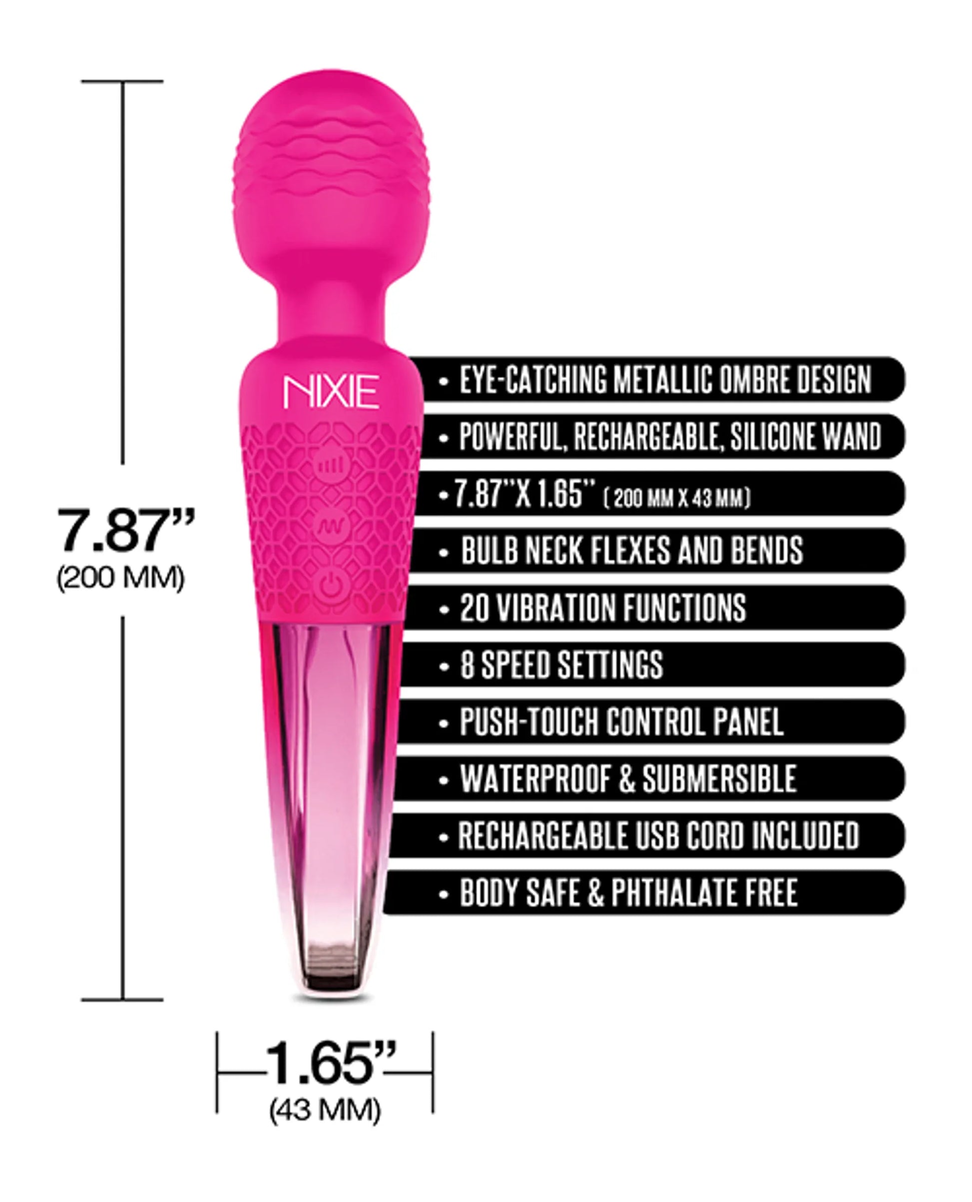 Nixie Wand Massager in pink ombre metallic by Global Novelties, additional angle view