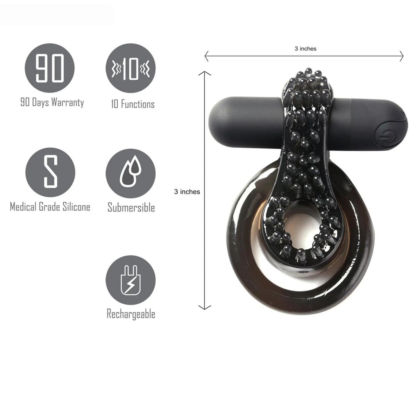 Jagger Rechargeable Vibrating Cock Ring with black sleeve by Maia Toys, close-up detail view