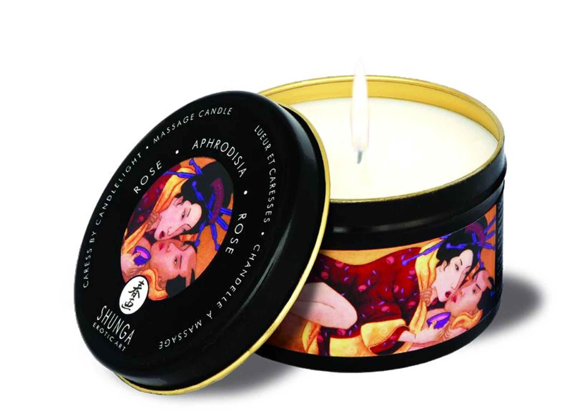 Shunga Aphrodisia rose massage candle, 5.7 oz tin, product photo