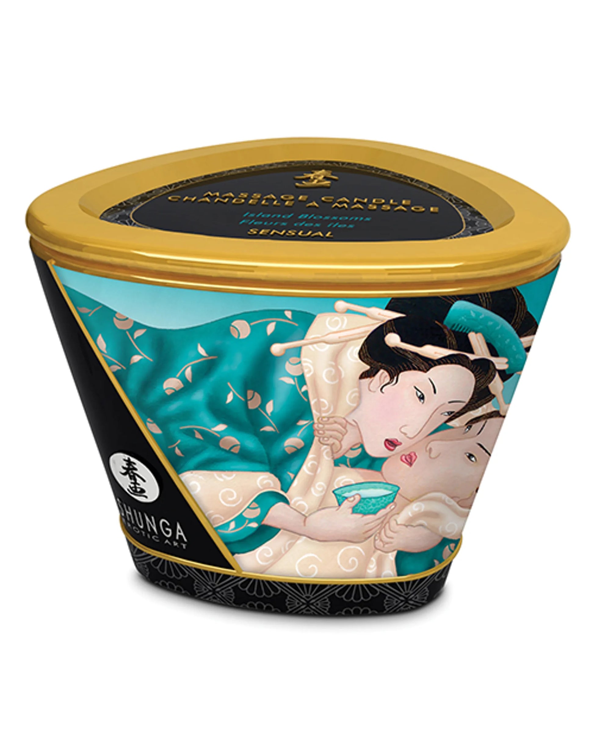 Shunga Island Blossoms Massage Candle, close-up detail view