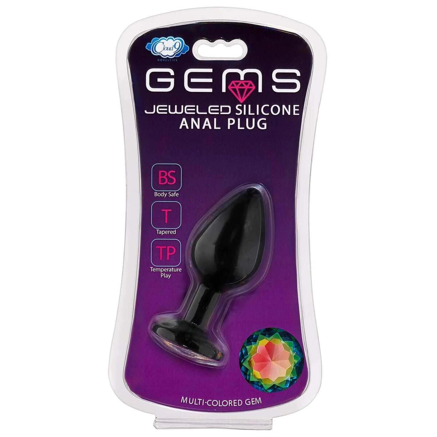 Cloud 9 Gems black silicone anal plug, medium, with gem base, product photo