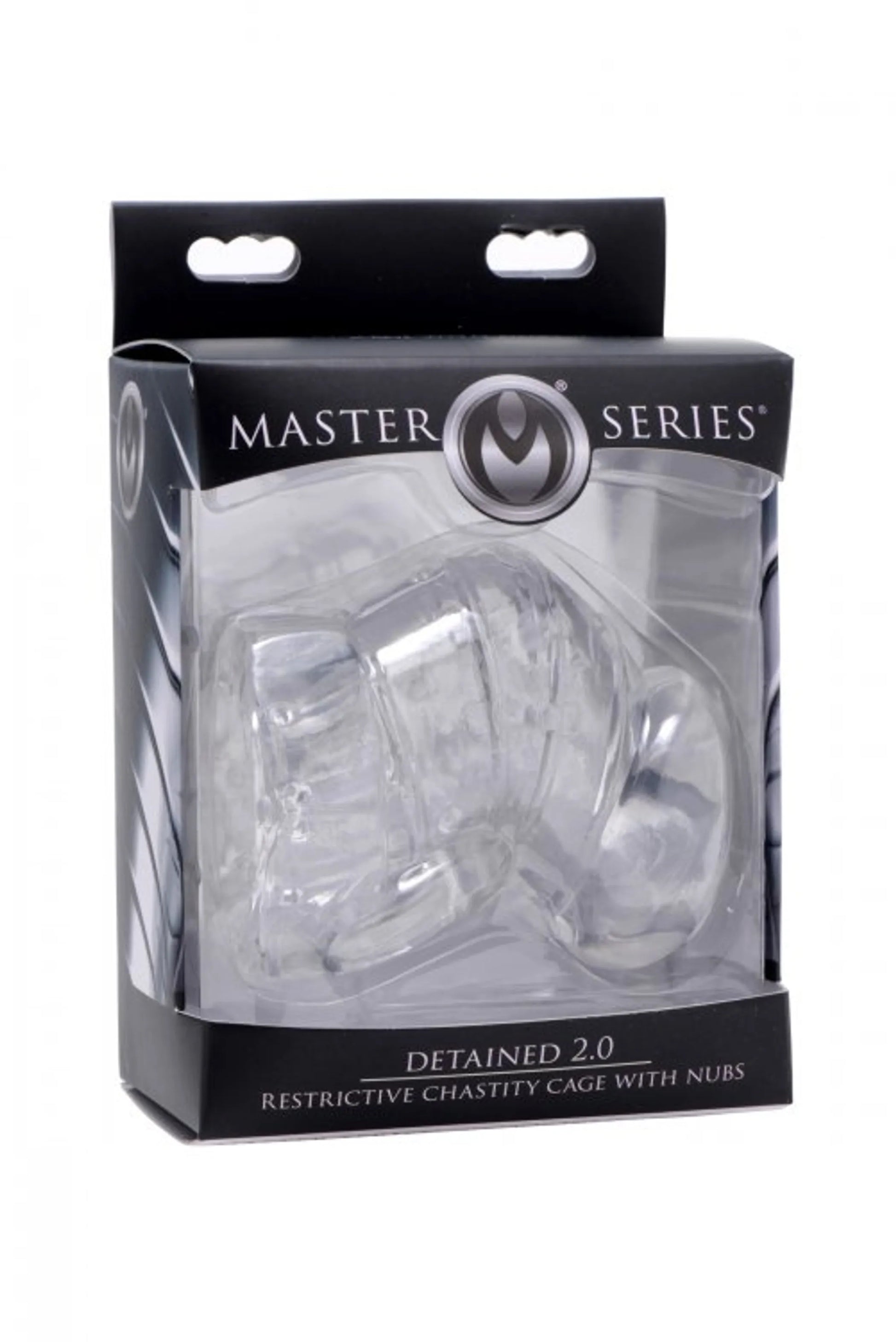 Master Series Detained 2.0 Restrictive Chastity Cage with nubs, additional angle view