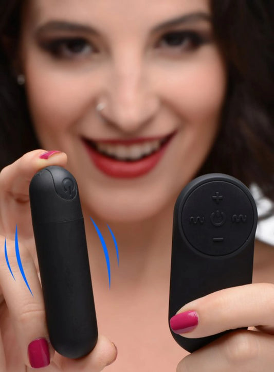 XR Brands Bang! vibrating bullet in black with remote control, product photo