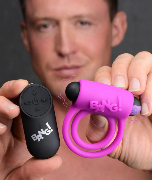 Bang! Silicone Cock Ring & Bullet with remote in purple by XR Brands, product photo