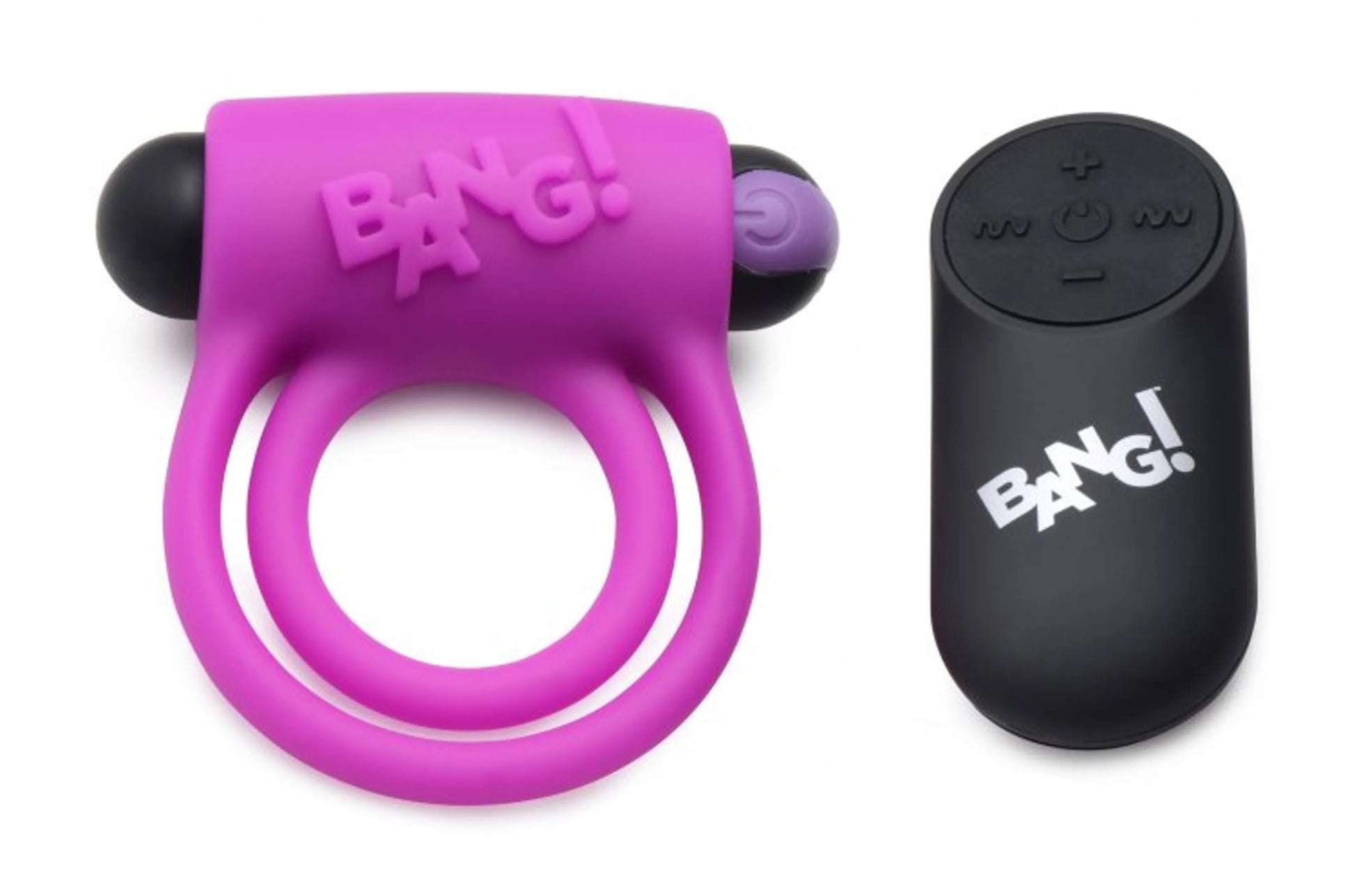 Bang! Silicone Cock Ring & Bullet with remote in purple by XR Brands, retail packaging
