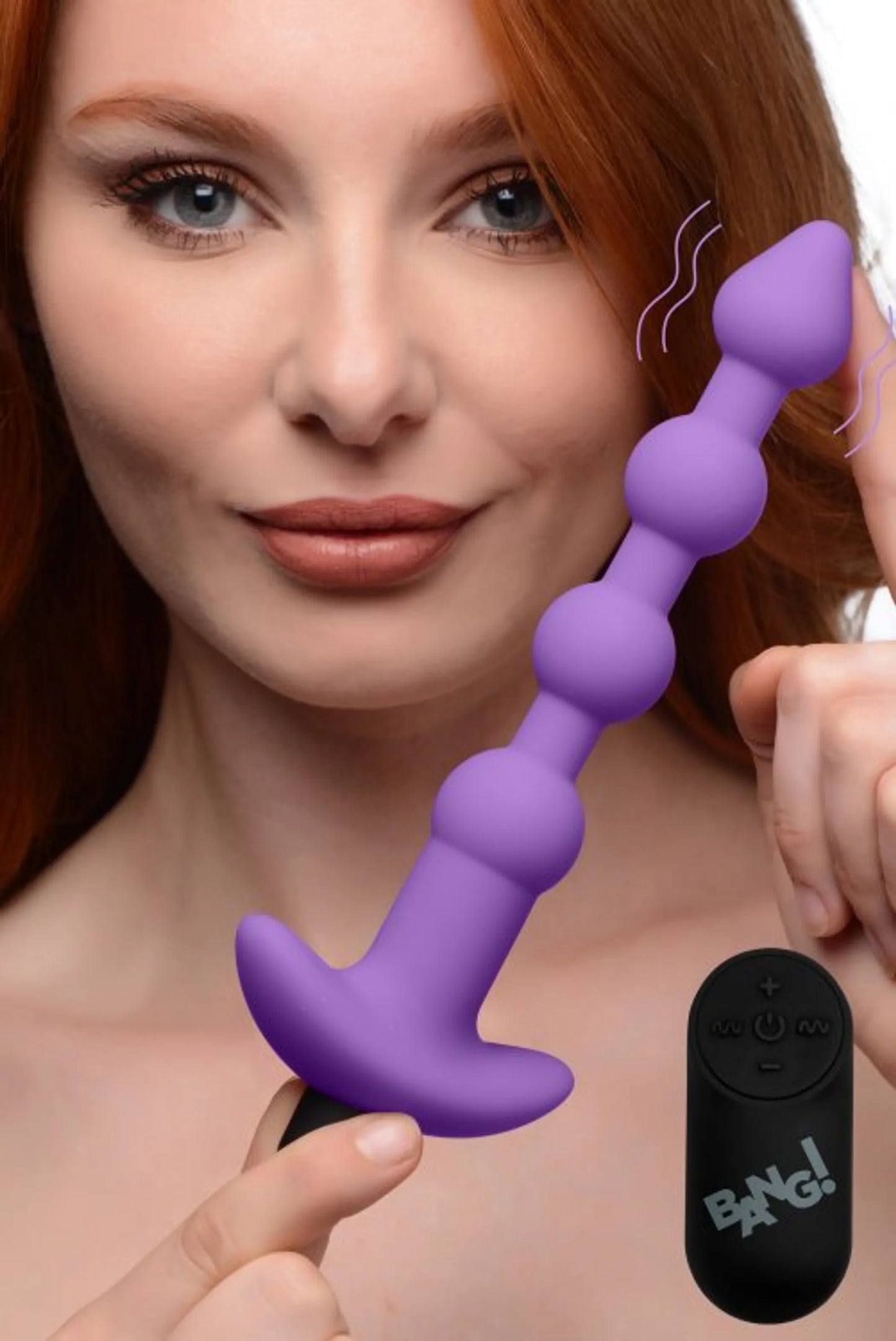 Bang! Vibrating Silicone Anal Beads with remote in purple by XR Brands, alternate angle