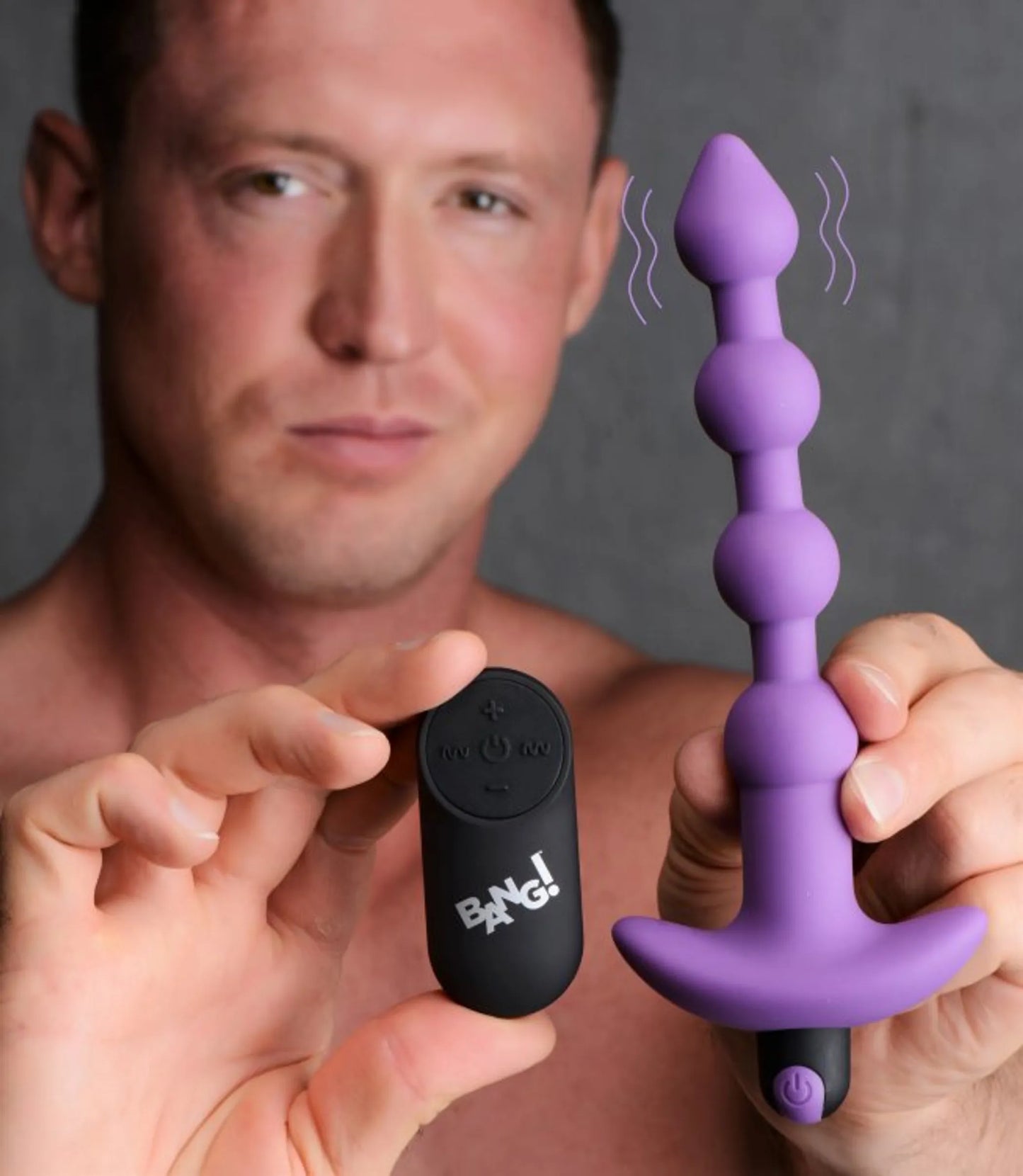 Bang! Vibrating Silicone Anal Beads with remote in purple by XR Brands, close-up detail view