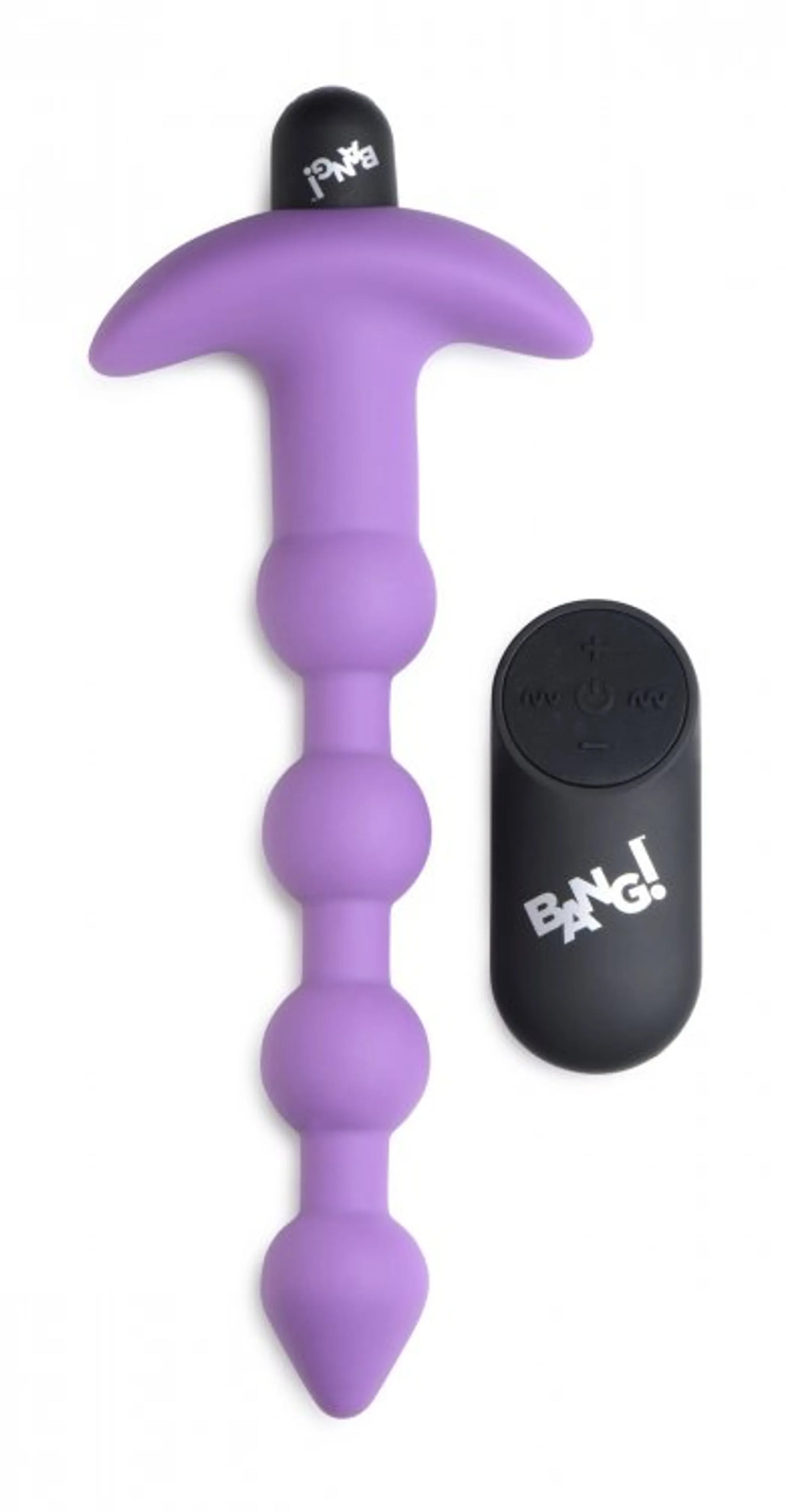 Bang! Vibrating Silicone Anal Beads with remote in purple by XR Brands, retail packaging