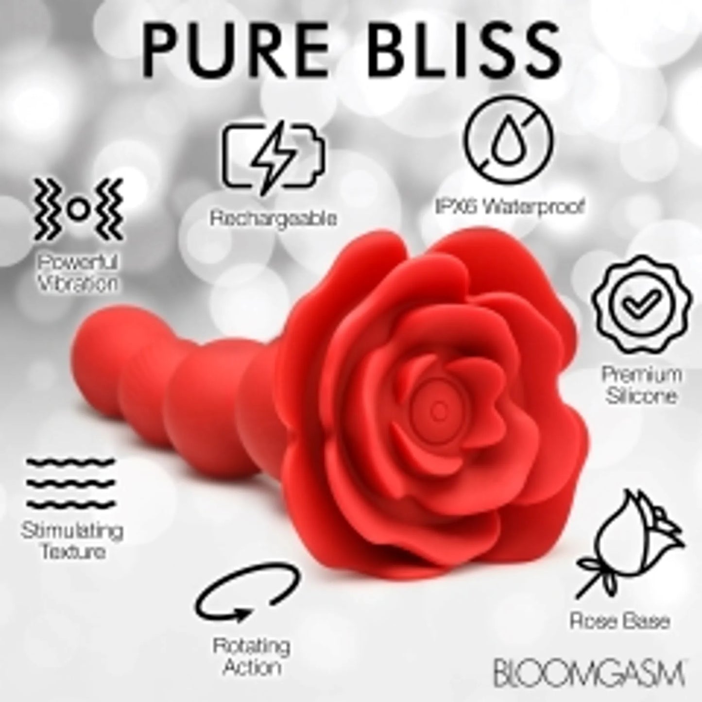 Bloomgasm Rose Twirl Vibrating & Rotating Anal Beads by XR Brands, close-up detail view