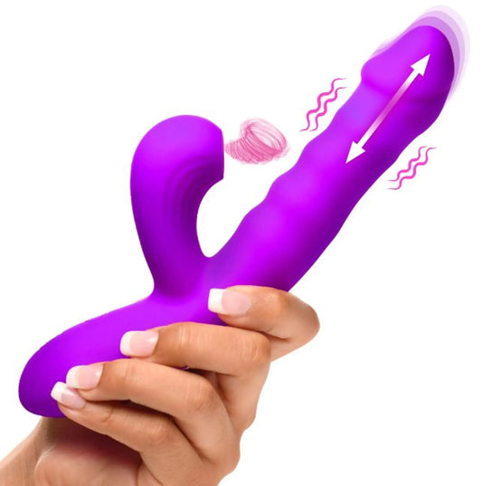 Thrusting & Sucking Rabbit Vibrator in purple by XR Brands, product photo