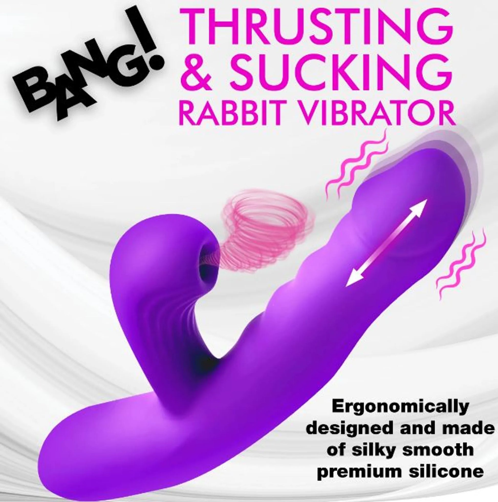 Thrusting & Sucking Rabbit Vibrator in purple by XR Brands, close-up detail view