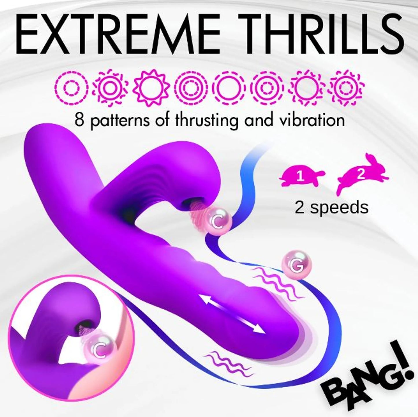 Thrusting & Sucking Rabbit Vibrator in purple by XR Brands, retail packaging